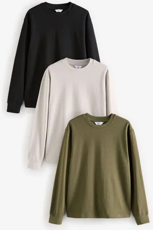 Next /Green/Grey Relaxed Fit Long Sleeve Heavyweight 100% Cotton T-Shirts 3 Pack