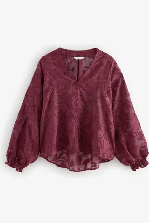 Next Burgundy Red Jacquard Boho Long Sleeve Tie Neck Blouse