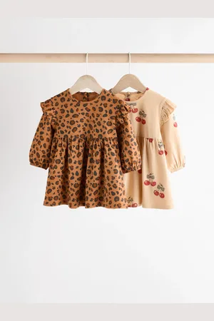 Next / Cream Cherry & Animal Print Baby Cotton Jersey Dresses 2 Pack (0mths-2yrs)