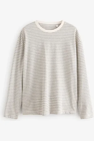 Next Cream/ Stripe Relaxed Fit Long Sleeve Heavyweight 100% Cotton T-Shirt