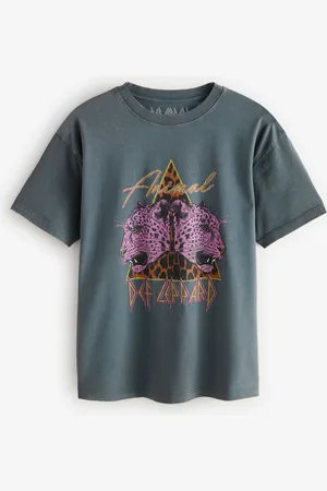 Next Charcoal Longline Animal Print Def Leppard Band Graphic 100% Cotton T-Shirt