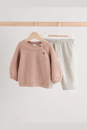 Next Pink/ Knitted 100% Cotton Baby Jumper & Woven Trousers Set (0mths-2yrs)