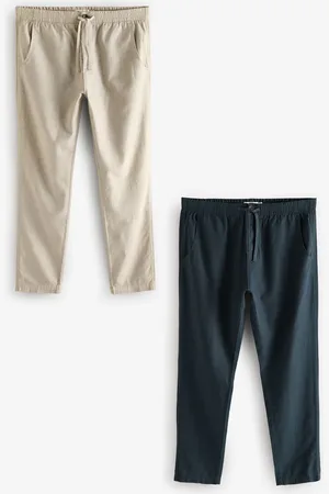 Next Blue/Natural Ecru Linen Cotton Elasticated Drawstring Trousers 2 Pack
