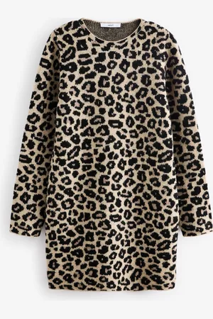 Next Leopard Animal Print Long Sleeve Short Knitted Shift Jumper Dress