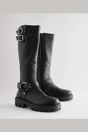 Next Leather Standard/Wide Fit Forever Comfort Knee High Double Buckle Biker Boots