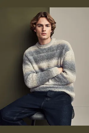 Next Neutral/ Relaxed Fit Bouclé Texture Stripe Crew Jumper with Wool