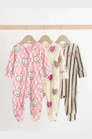 Next Happy Heart Baby Two Way Zip Floral Print 100% Cotton Sleepsuits 3 Pack (0mths-2yrs)