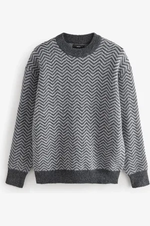 Next /Grey Relaxed Fit Herringbone Pattern Crew Jumper with Wool