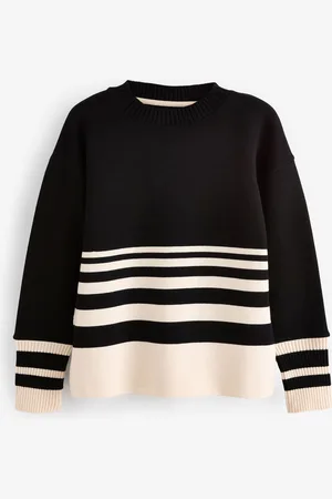 Next Monochrome /Ecru Cream Stripe Compact Cosy Crew Neck Jumper With Side Split Detail