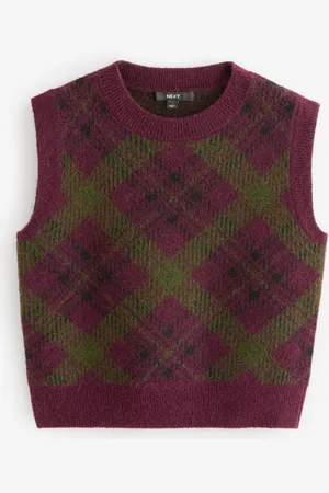 Next Burgundy Olive Tartan Sleeveless Crew Neck Knitted Jumper Tank Vest Top with Wool