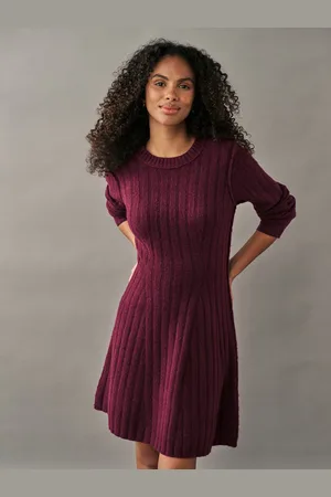 Next Red Berry Ribbed Fit And Flare Mini Knitted Jumper Dress With Wool