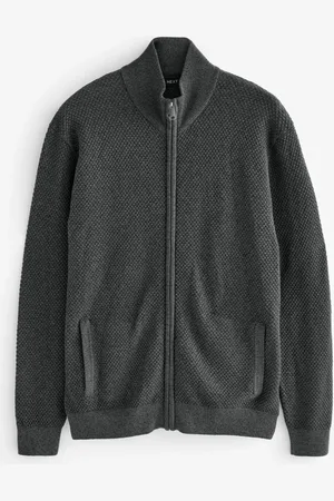 Next Charcoal Regular Fit Texture 100% Cotton Premium Zip Through Jumper