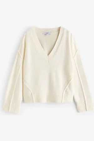 Next Ecru Seam Detail V-Neck Knitted Jumper
