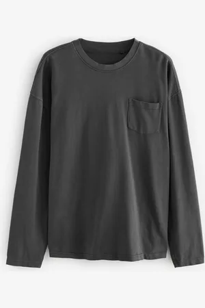 Next Charcoal Long Sleeve Garment Dye Heavyweight 100% Cotton T-Shirt