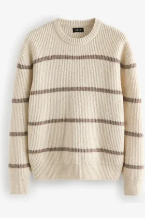 Next Ecru Regular Fit Horizontal Stripe Crew Jumper with Wool