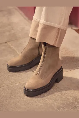 Next Khaki Suede Forever Comfort Zip Front Heeled Boots