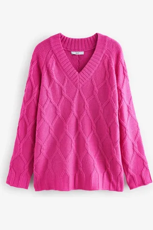 Next Bright Cable Knitted Longline V-Neck Tunic Jumper with Wool