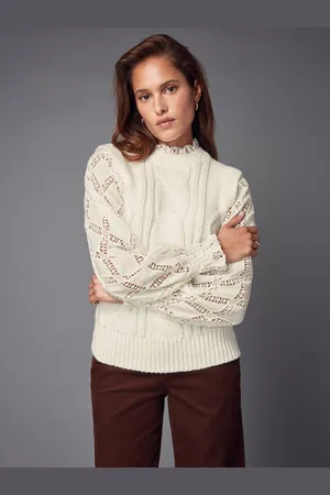 Next Ecru High Neck Collar Lace Layer Cable Knitted Jumper