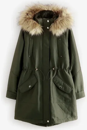 Next Khaki Hooded Parka Coat With Faux Fur Trim