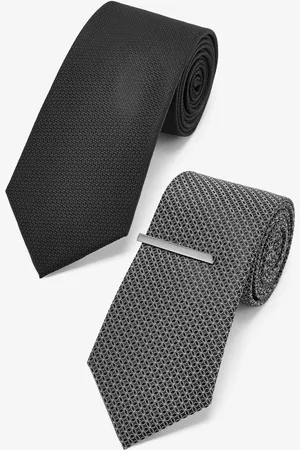 Next /Charcoal Grey Textured Ties And Tie Clips 2 Pack