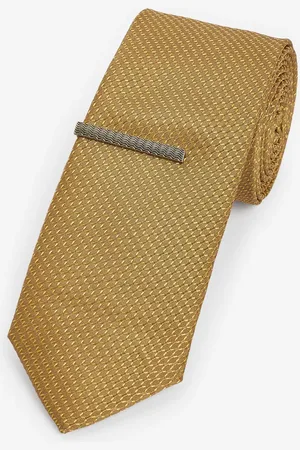 Next Mustard Yellow Slim Textured Tie And Clip Set