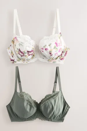 Next Cream Floral/ Khaki 2 Pack DD+ Non Pad Wired Full Cup Microfibre Lace Bra
