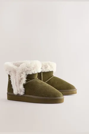 Next Khaki Faux Fur Lined Suede Boot Slippers