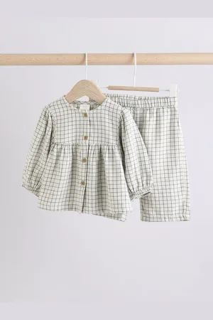 Next Grid Print Woven Long Sleeve Top and Wide Leg Trousers Set (0mths-2yrs)