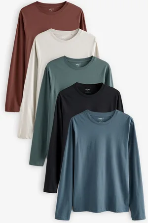 Next /Green/Navy/Brown/Grey Slim Fit Slim Fit Long Sleeve 100% Cotton T-Shirts 5 Pack