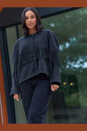 Next Charcoal Premium Wool Blend Fringe Cape Scarf Tassle Coat Jacket