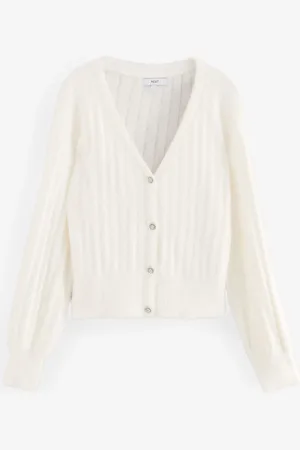 Next Ecru Soft Touch Fluffy V-Neck Ribbed Knitted Cardigan