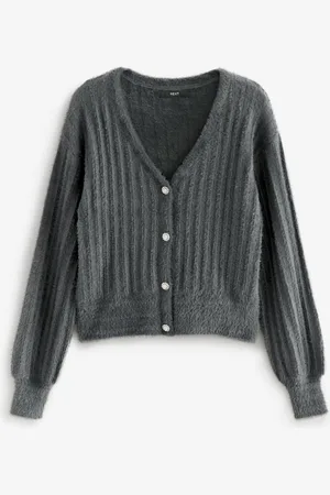 Next Charcoal Soft Touch Fluffy V-Neck Ribbed Knitted Cardigan