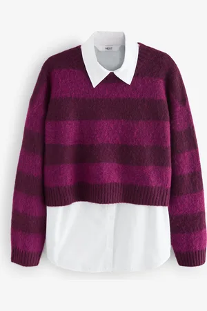 Next Burgundy Red Stripe Soft Touch Brushed Shirt Layer Knitted Jumper