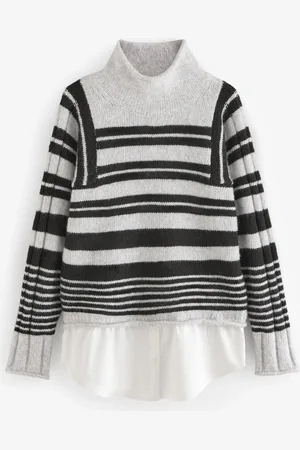 Next Grey Monochrome Stripe Roll Edge Shirt Layer Knitted 100% Cotton Jumper