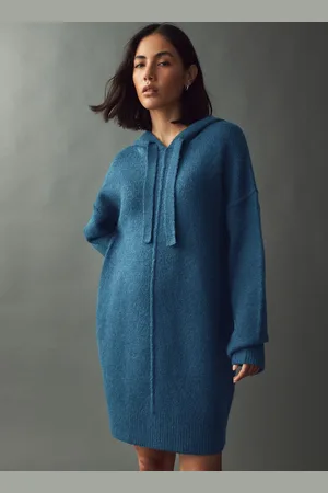 Next Indigo Relaxed Fit Hooded Knitted Jumper Dress with Wool