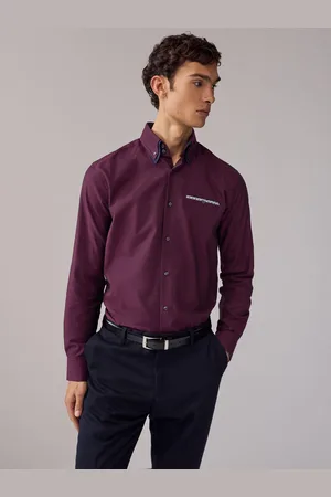 Next Burgundy Red Double Collar Regular Fit Trimmed Formal 100% Cotton Oxford Shirt