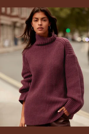 Next Red Burgundy Roll High Neck Ribbed Longline Knitted Jumper with Wool