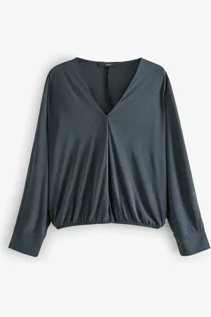Next Charcoal Long Sleeve V-Neck Bubblehem Blouse