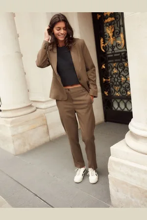 Next Khaki Tailored Straight Trousers With Wool