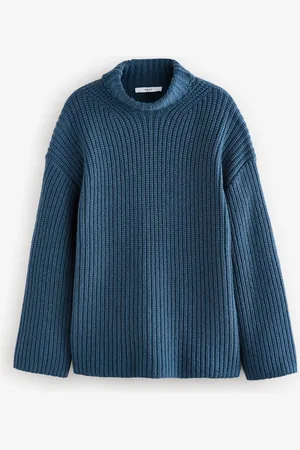 Next Indigo Roll High Neck Ribbed Longline Knitted Jumper with Wool
