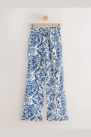 Next Blue/ Floral Print Tie Waist Wide Leg Linen Blend Trousers