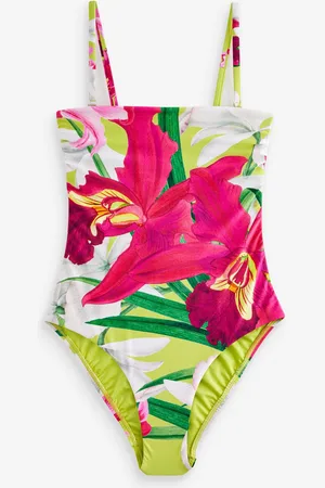 Next Lime Green/ Floral Kew Collection Bandeau Tummy Control Swimsuit
