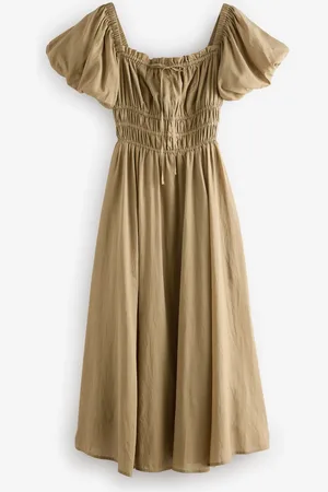 Next Khaki Puff Sleeve Midi Dress