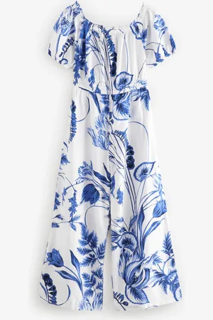 Next /Blue Off Shoulder Wide Leg 100% Cotton Jumpsuit