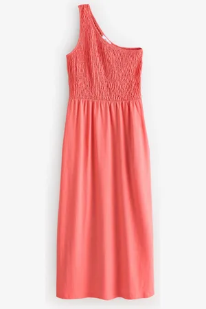 Next Coral Shirred One Shoulder 100% Cotton Midi Dress