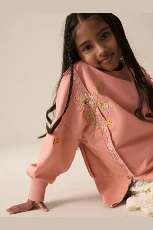 Next Blush Oversized Embroidered Floral Print 100% Cotton Sweatshirt with Raw Edge Detail (3-16yrs)