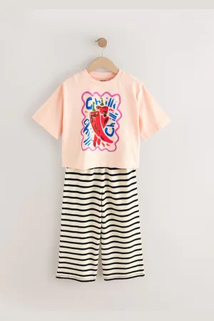 Next Orange/ Oversized Chilli 100% Cotton Graphic Print T-Shirt with Wide Leg Crochet Trousers (3-16yrs)