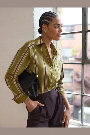 Next Olive Stripe Girlfriend Oversized Long Sleeve 100% Cotton Shirt