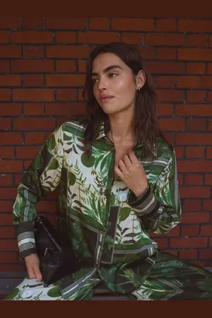 Next Kew Collection /Green Palm Print Satin Long Sleeve Shirt