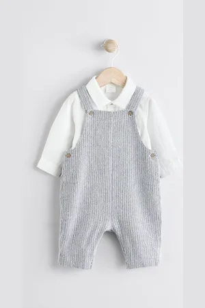 Next Grey/ Baby Woven 100% Cotton Dungaree and Bodysuit Set (0mths-3yrs)